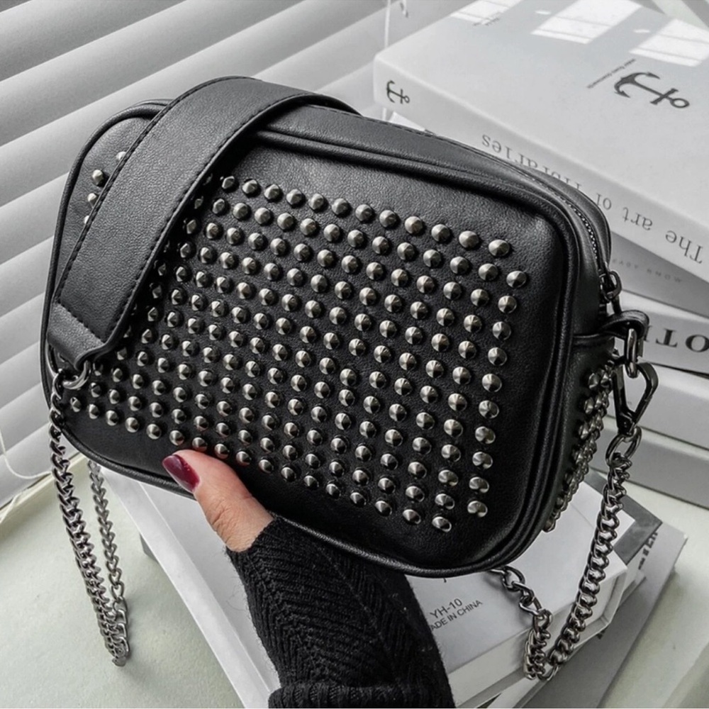 Luxe Black Vegan Leather Studded Moto Chain Shoulder Crossbody Bag